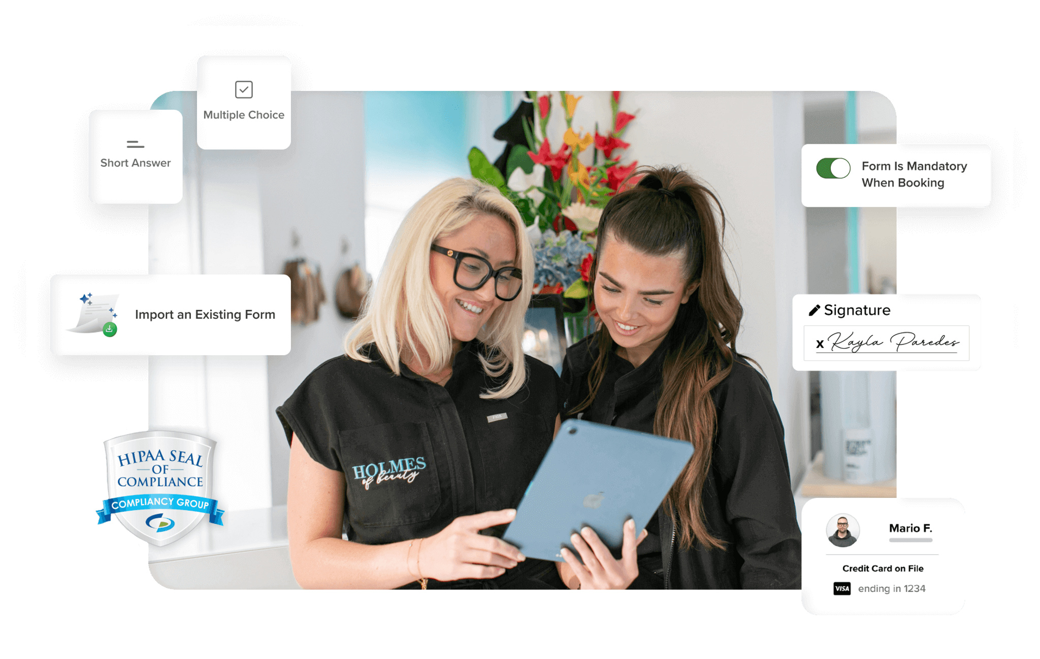Beauty professionals reviewing a client intake and liability form on their mobile device with HIPAA compliance badge