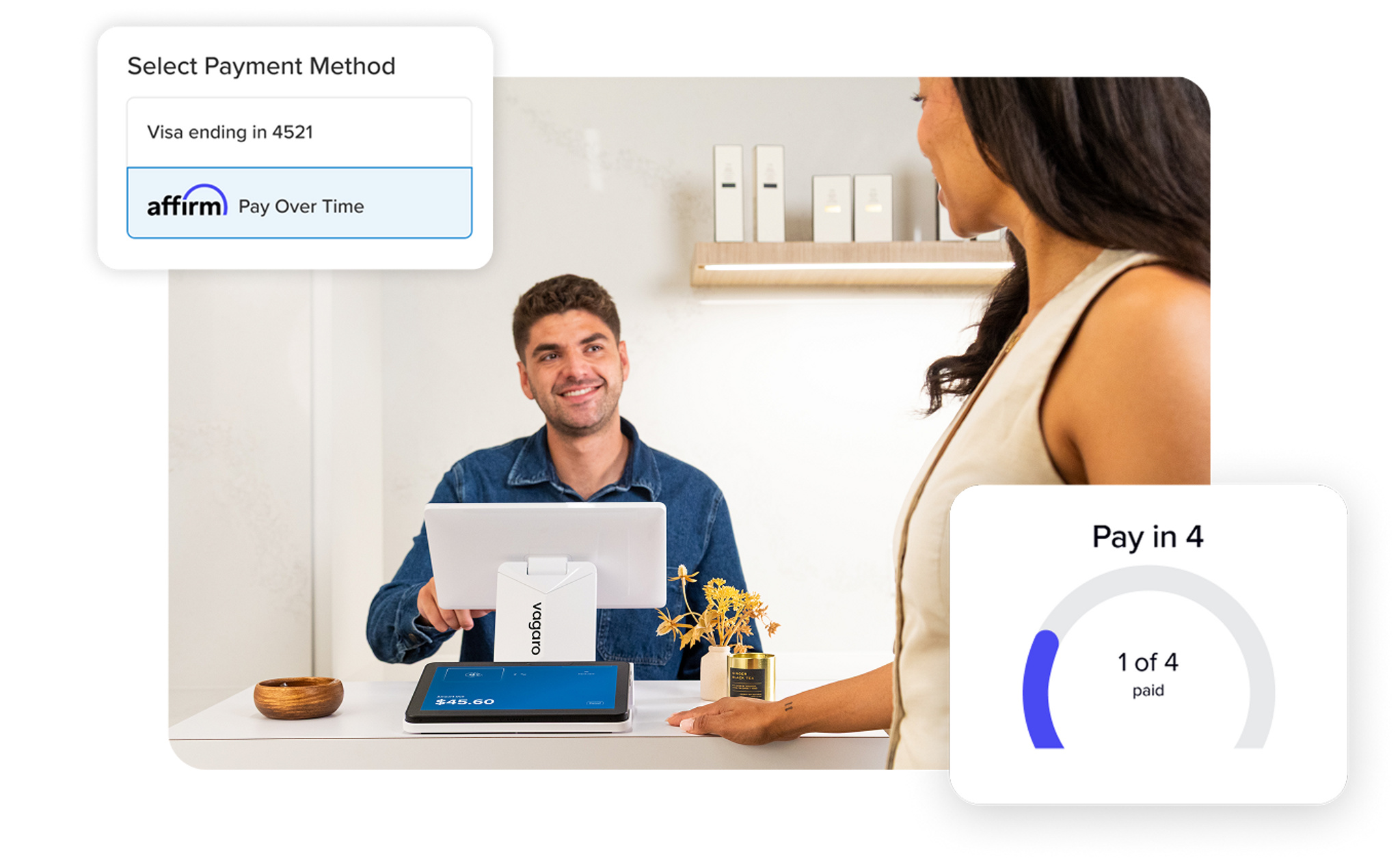 Client paying at business front desk using buy now, pay later by Affirm