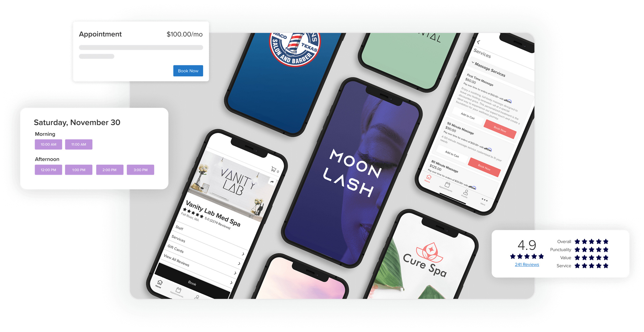 Mobile devices showing a variety of custom business apps for online booking and appointment scheduling