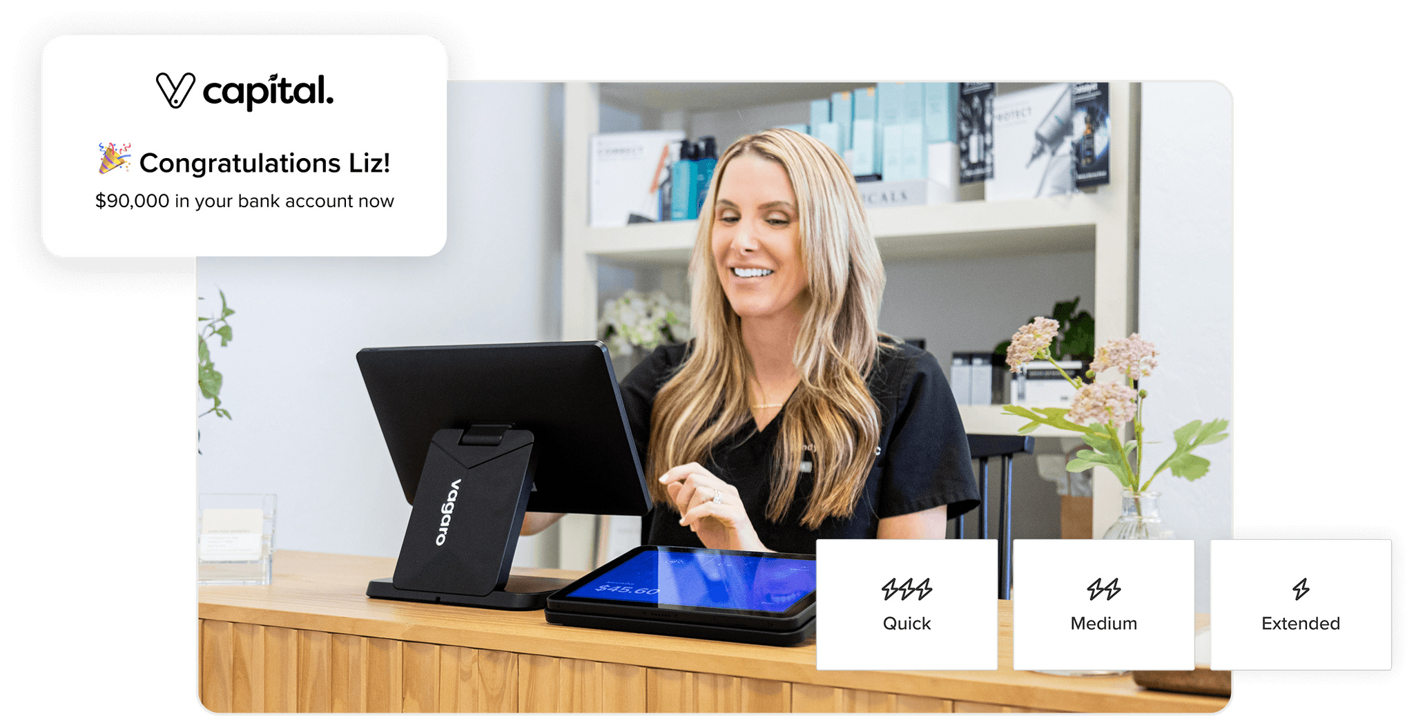 Business owner on POS device smiling because she just received funding for her business