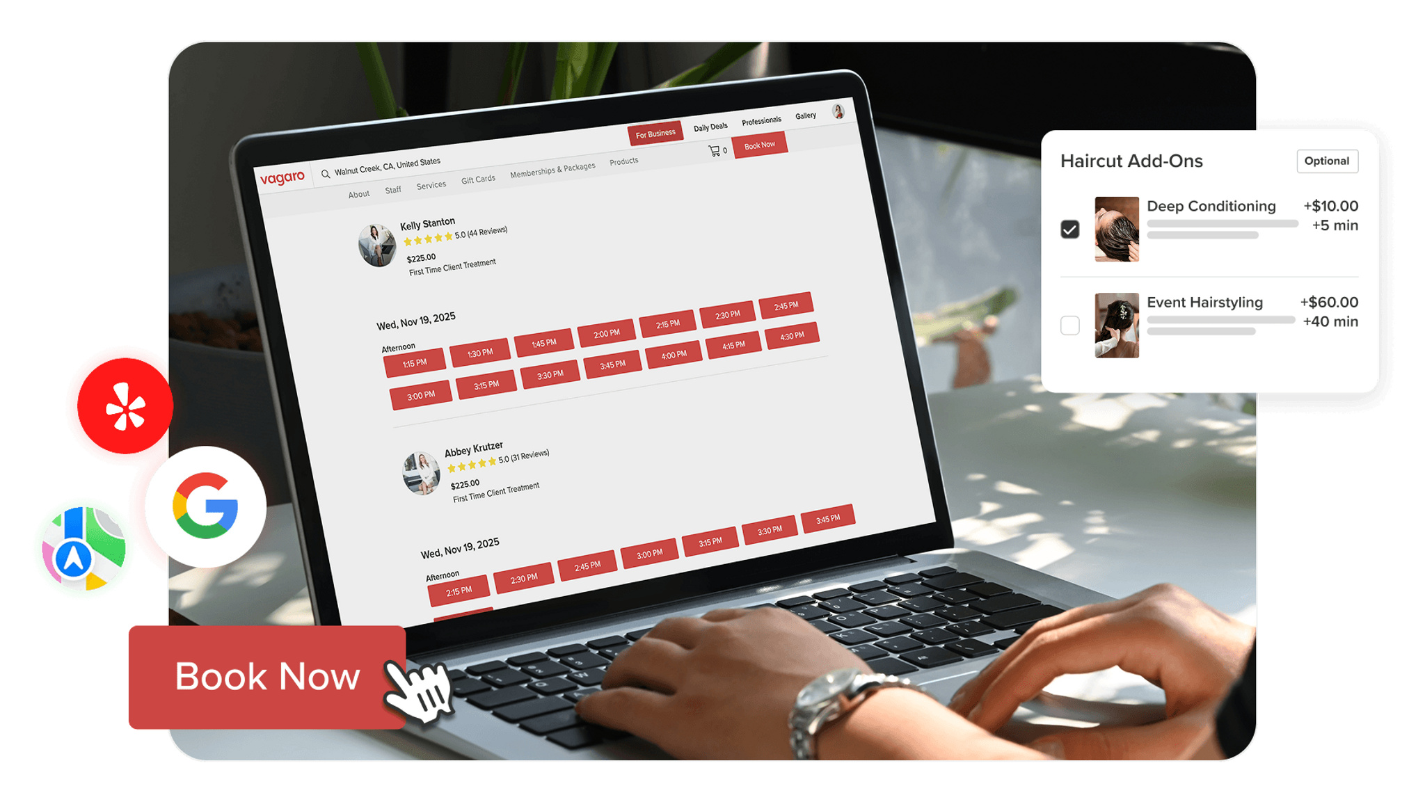 Online booking and scheduling screen displaying service providers and appointments available