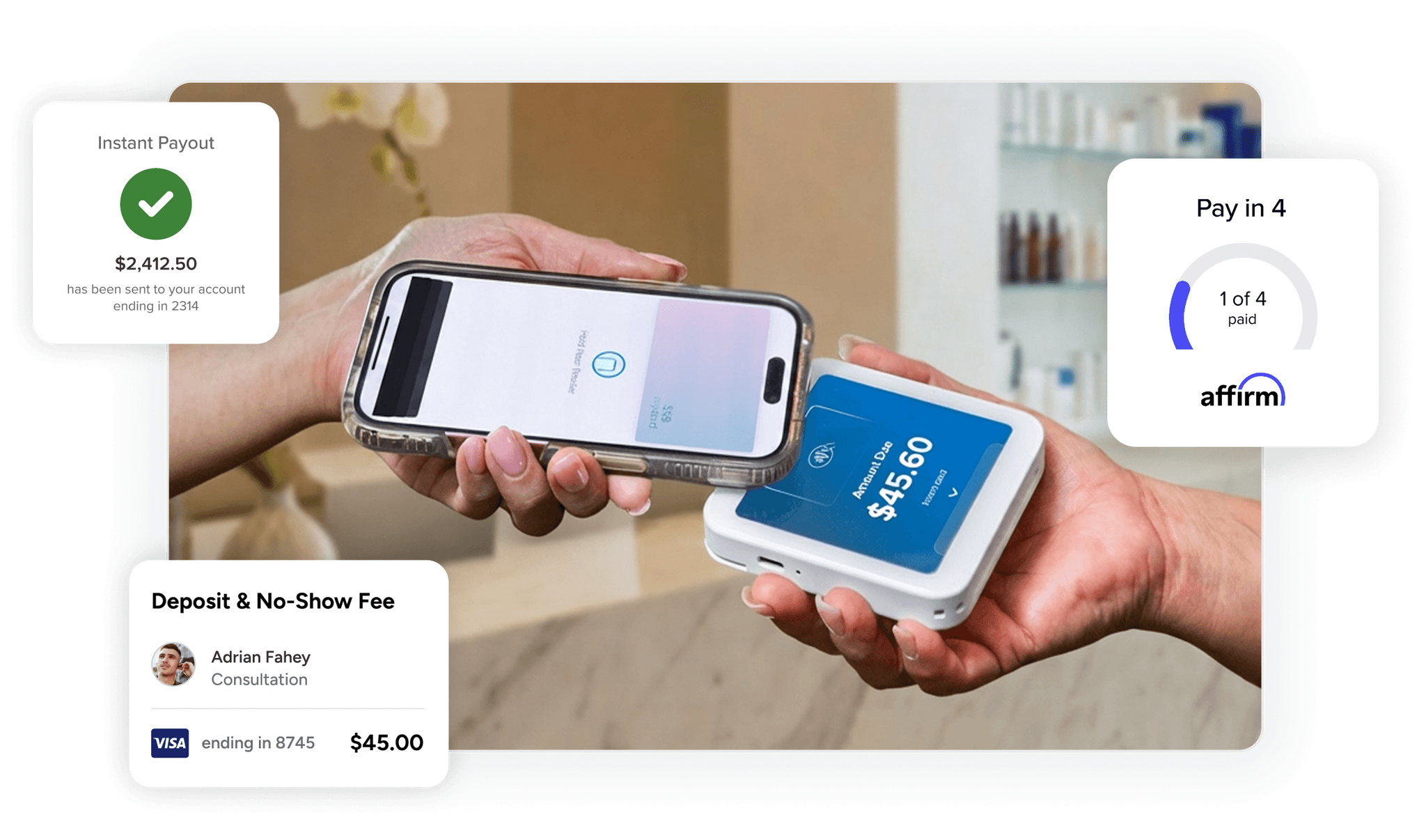 Salon payment with tap to pay and graphics showing no-show appointment fees