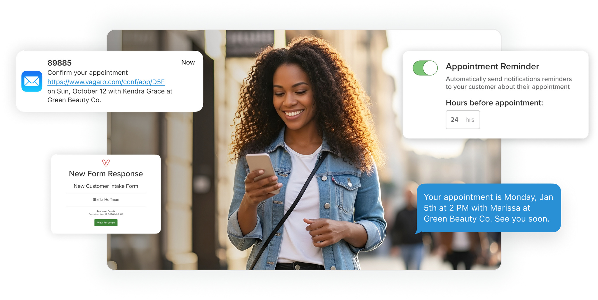Woman walking down the street looking at an appointment reminder text she just received