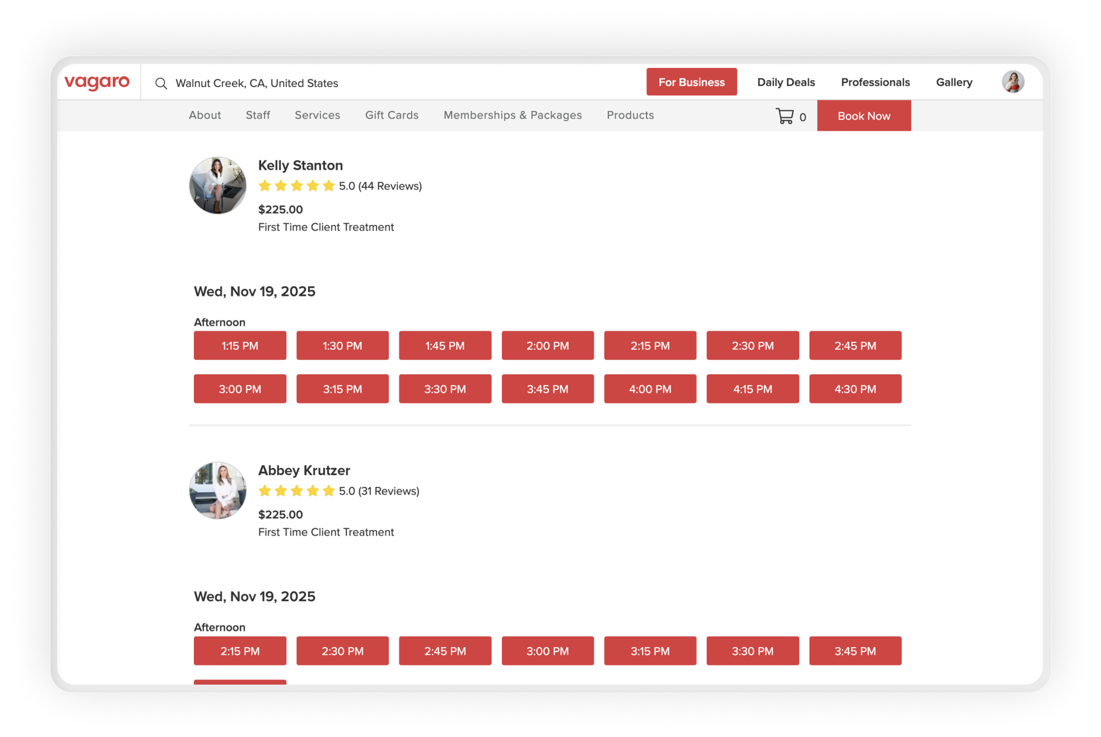 Online booking and scheduling screen displaying service providers and appointments available