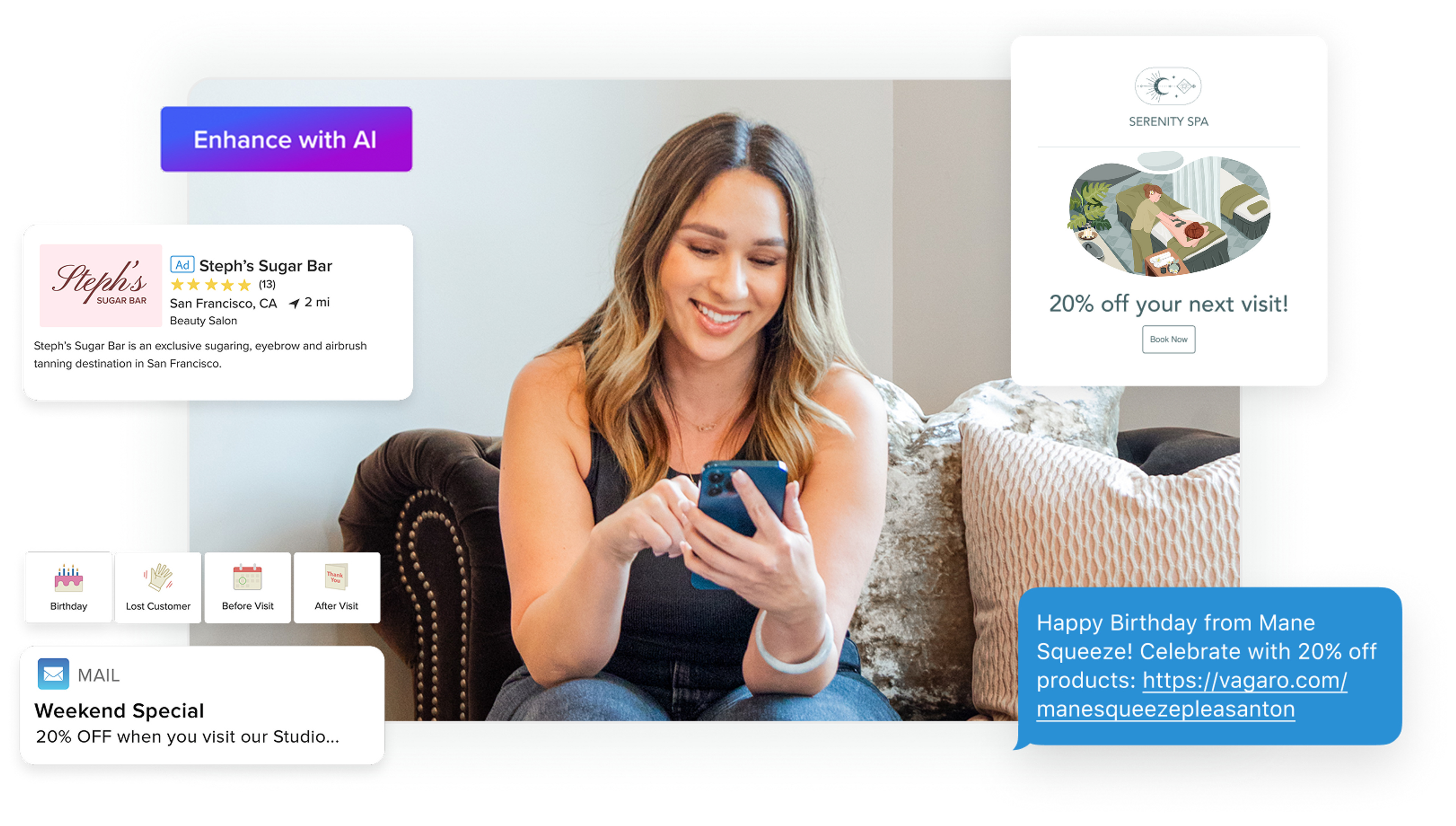 Business owner using email and text marketing app to build a campaign that will boost client bookings