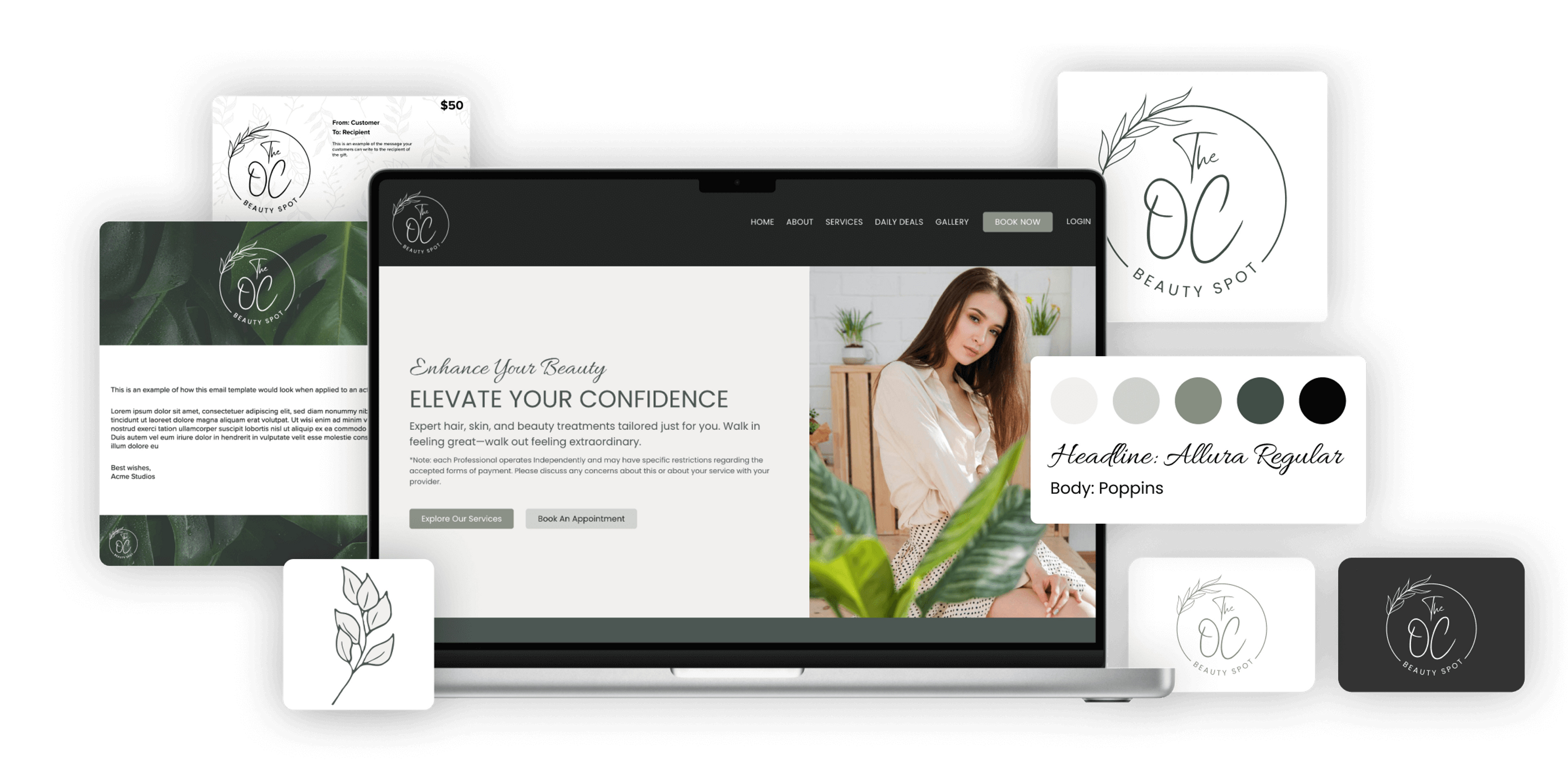 Laptop displaying a beautifully designed website and brand kit for beauty business