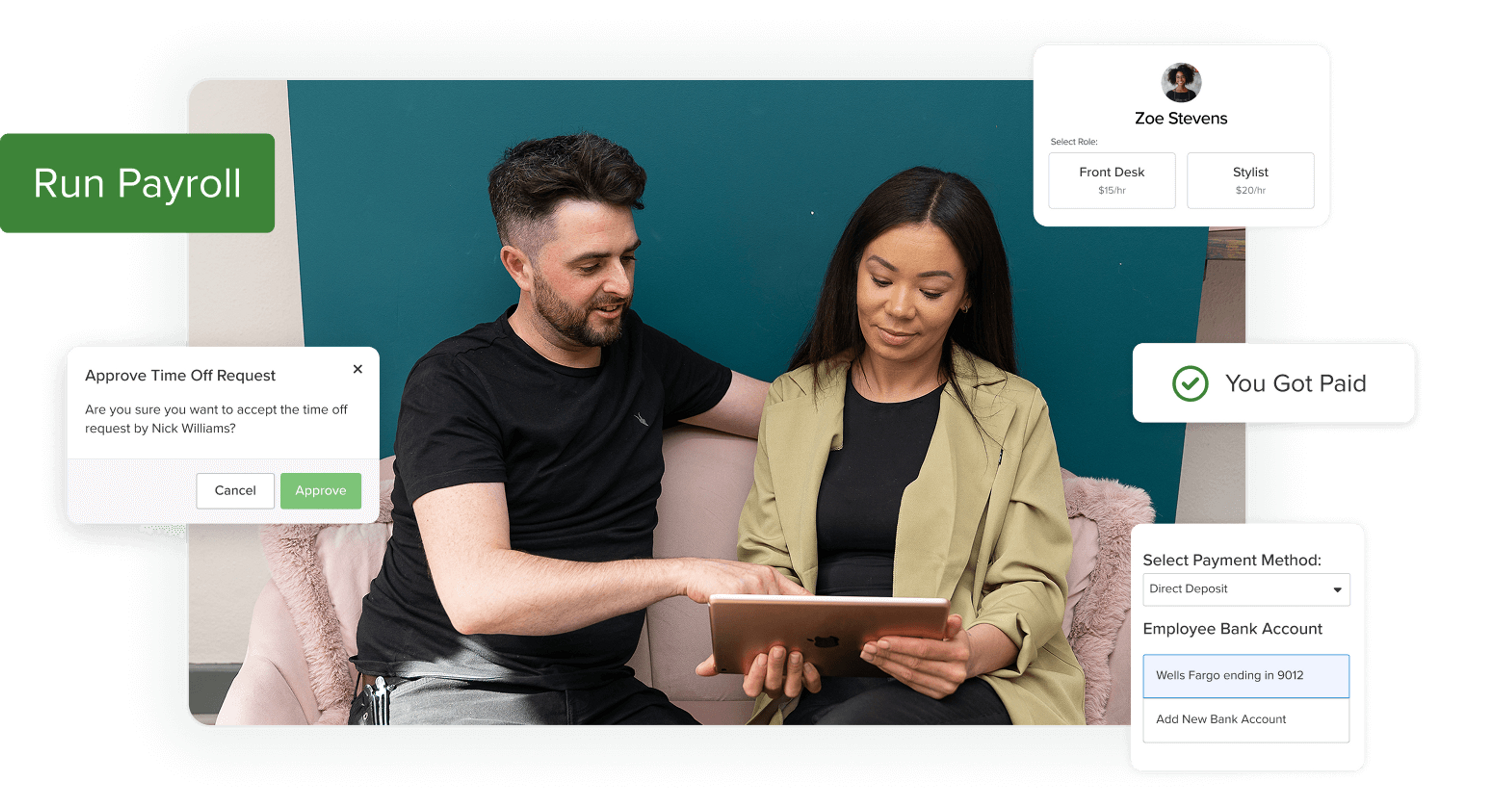 Beauty salon owners using payroll software to approve time off and manage employees