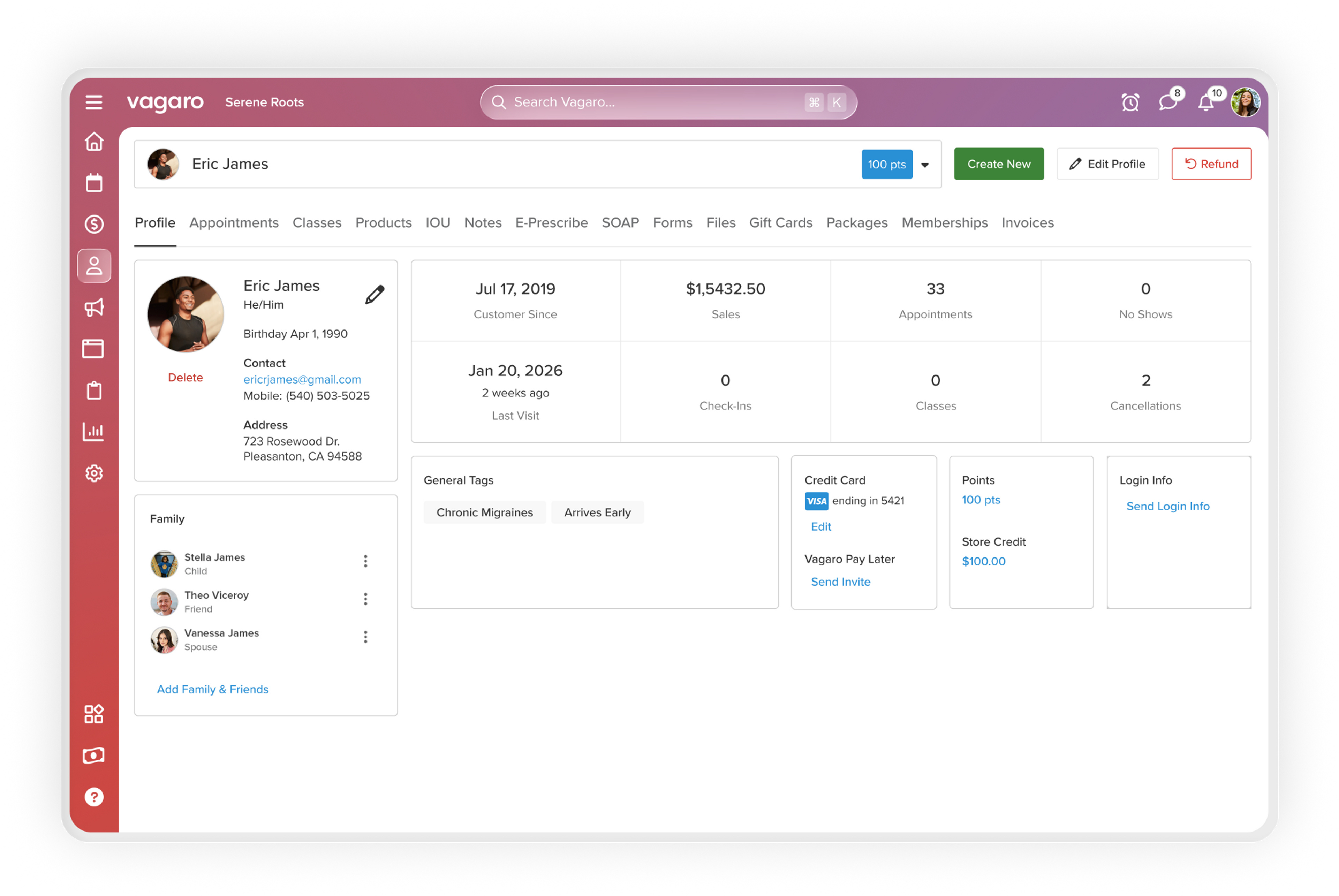 Software screen with client information, appointment history and credit card on file for CRM