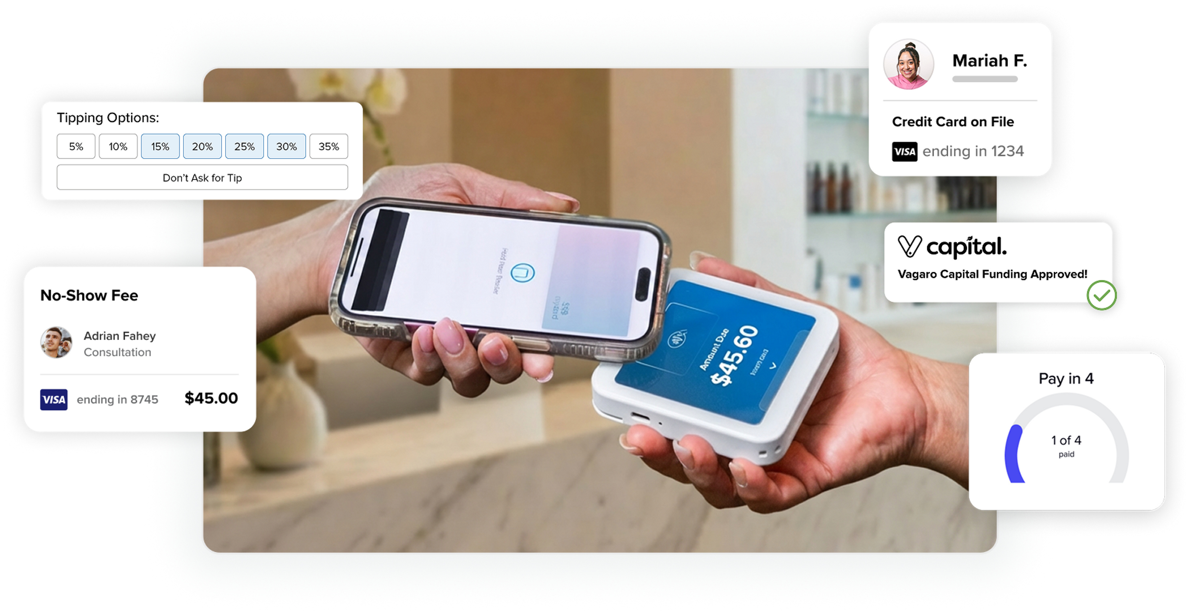 Salon payment with tap to pay and graphics showing no-show appointment fees