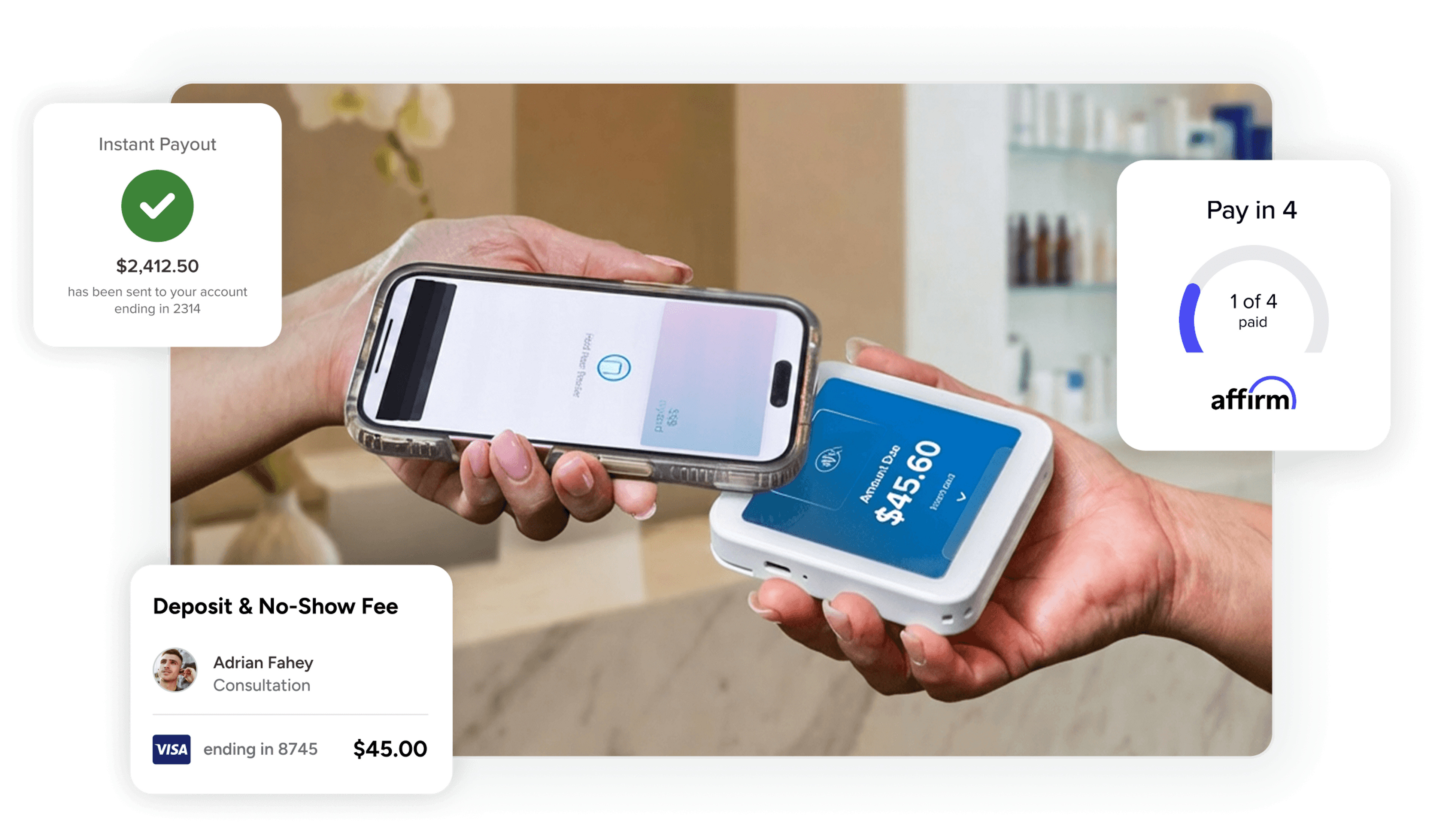 Salon payment with tap to pay and graphics showing no-show appointment fees