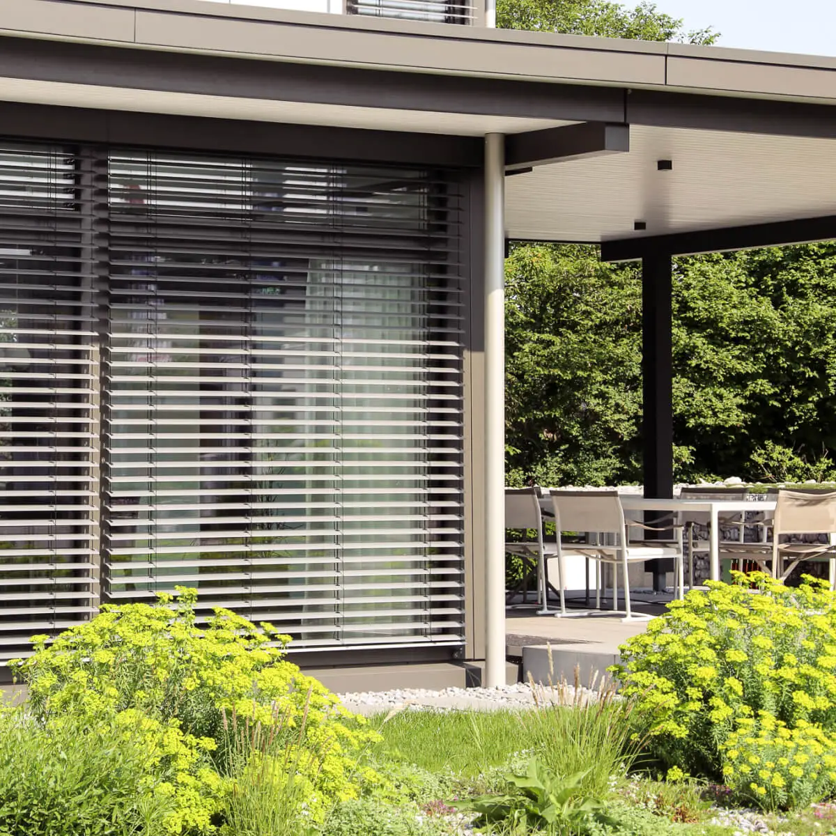 Outside view of the corner of a modern house, with lots of green shrubs surrounding. It's floor to ceiling windows have blinds installed which are partially open to let in some sunlight.