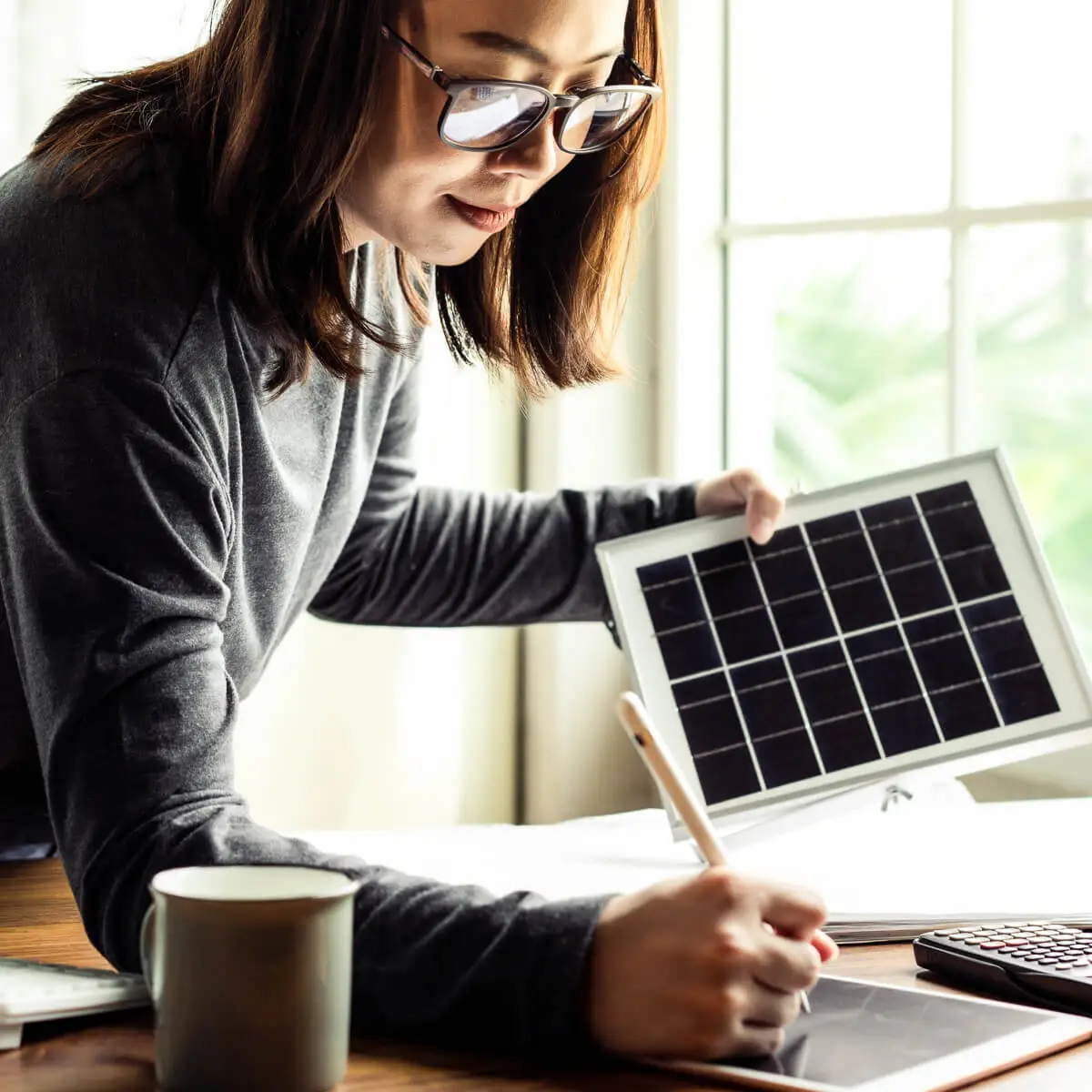 Person with glasses, leans over tabletop with a pen in one hand making a list. In their other hand is a solar panel.