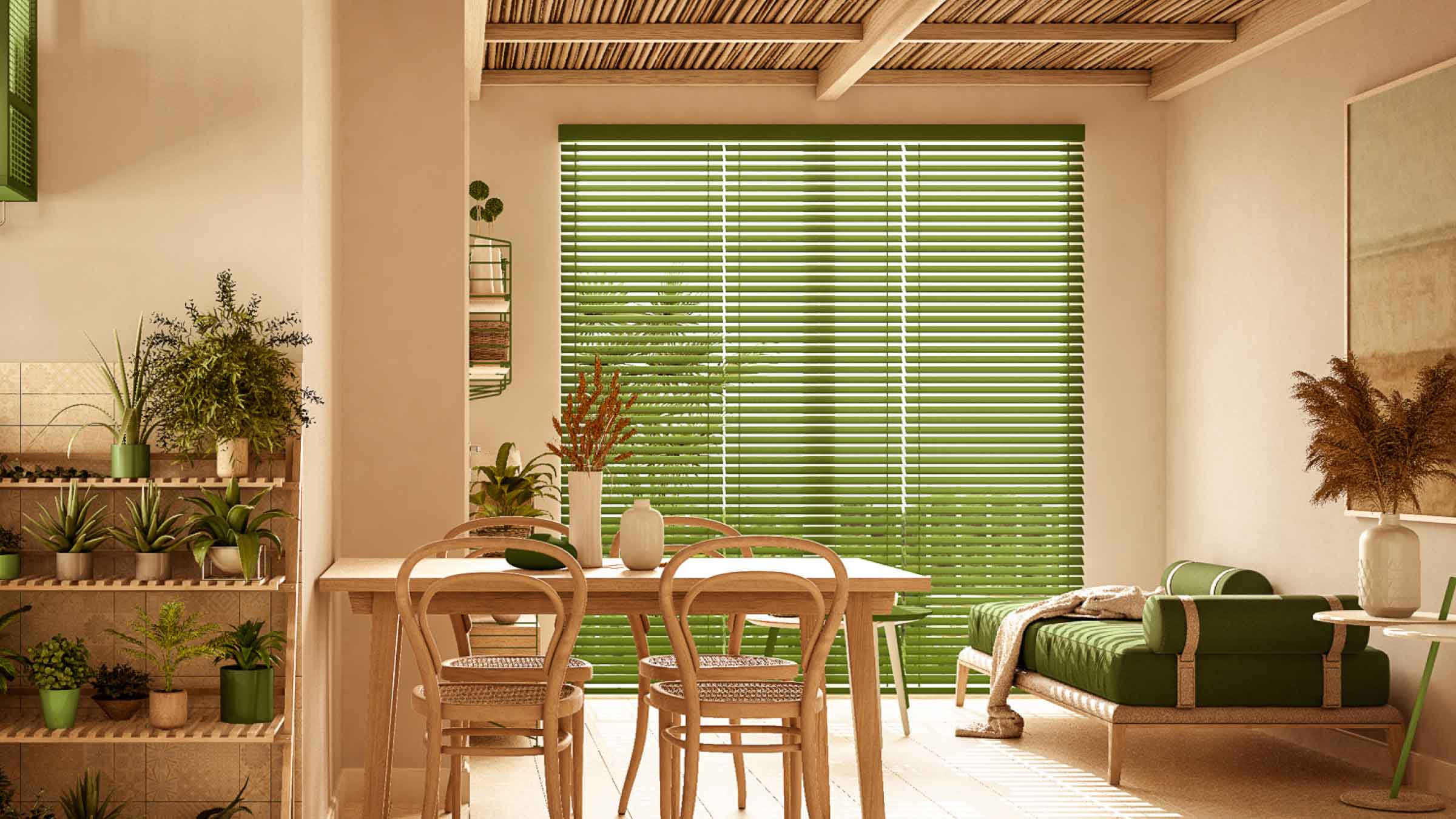 Bright, clean and minimal dining area. With green blinds and a matching green sofa in the backgound.