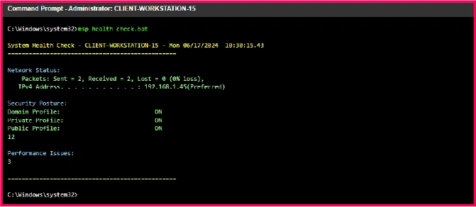 CMD terminal showing comprehensive system audit script output with system information, updates, network config, and firewall status.webp