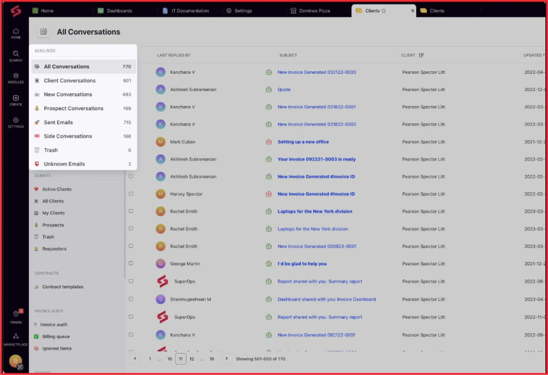 Interface showing conversations