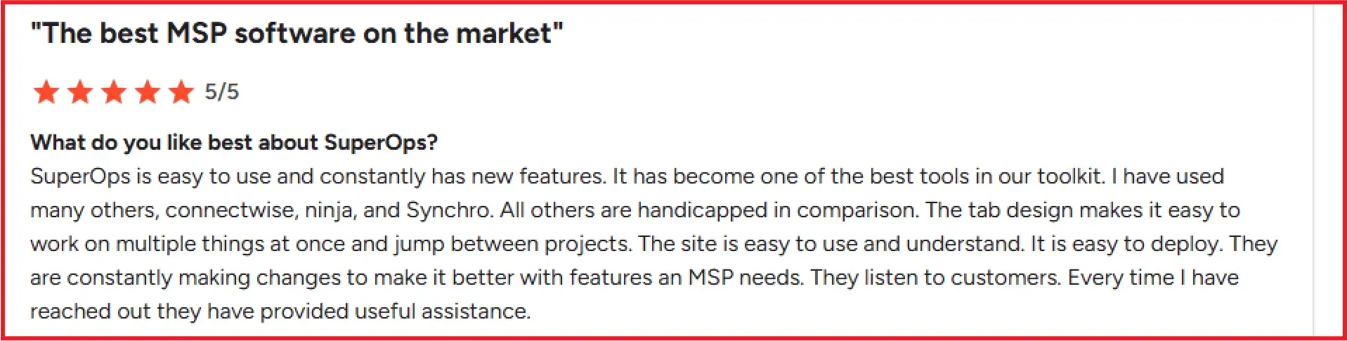 SuperOps review about ease of use from G2