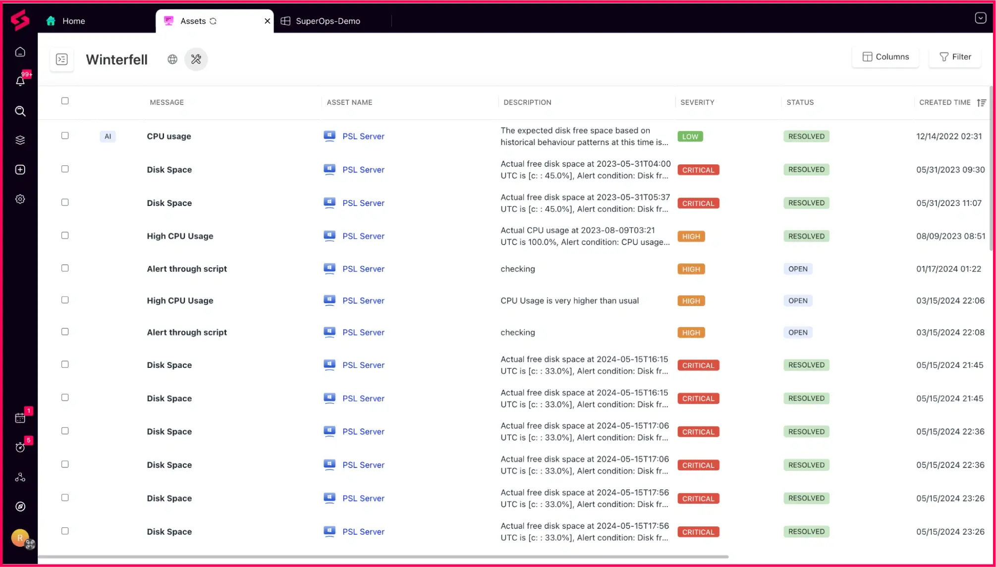 Alert notification and management on SuperOps