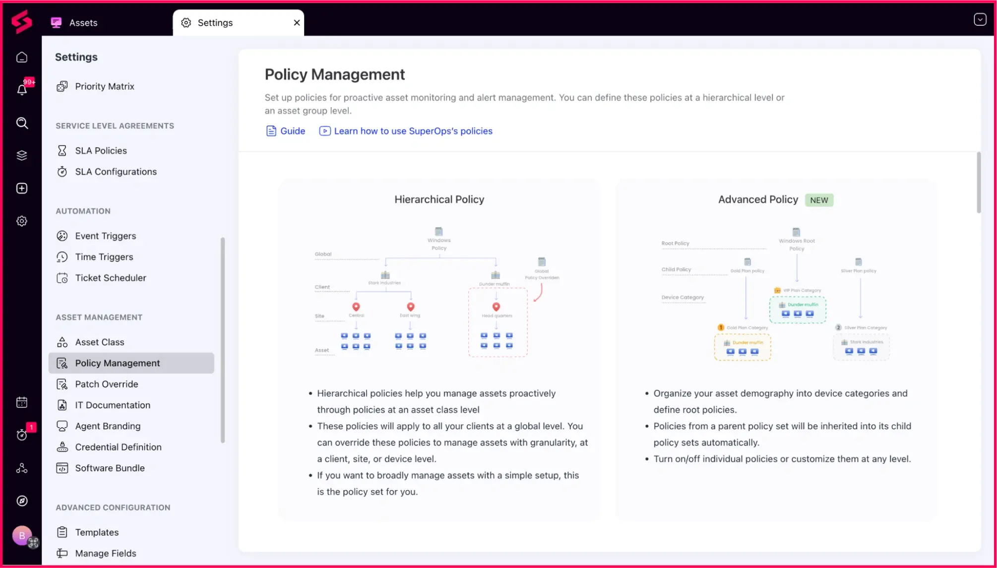 Policy management in SuperOps