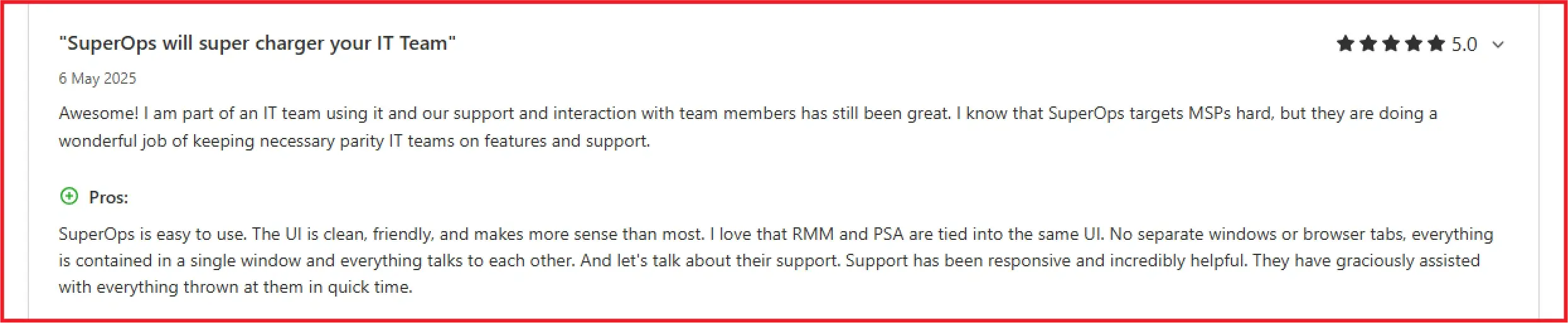 SuperOps review from Capterra about intuitive UI and ease of use