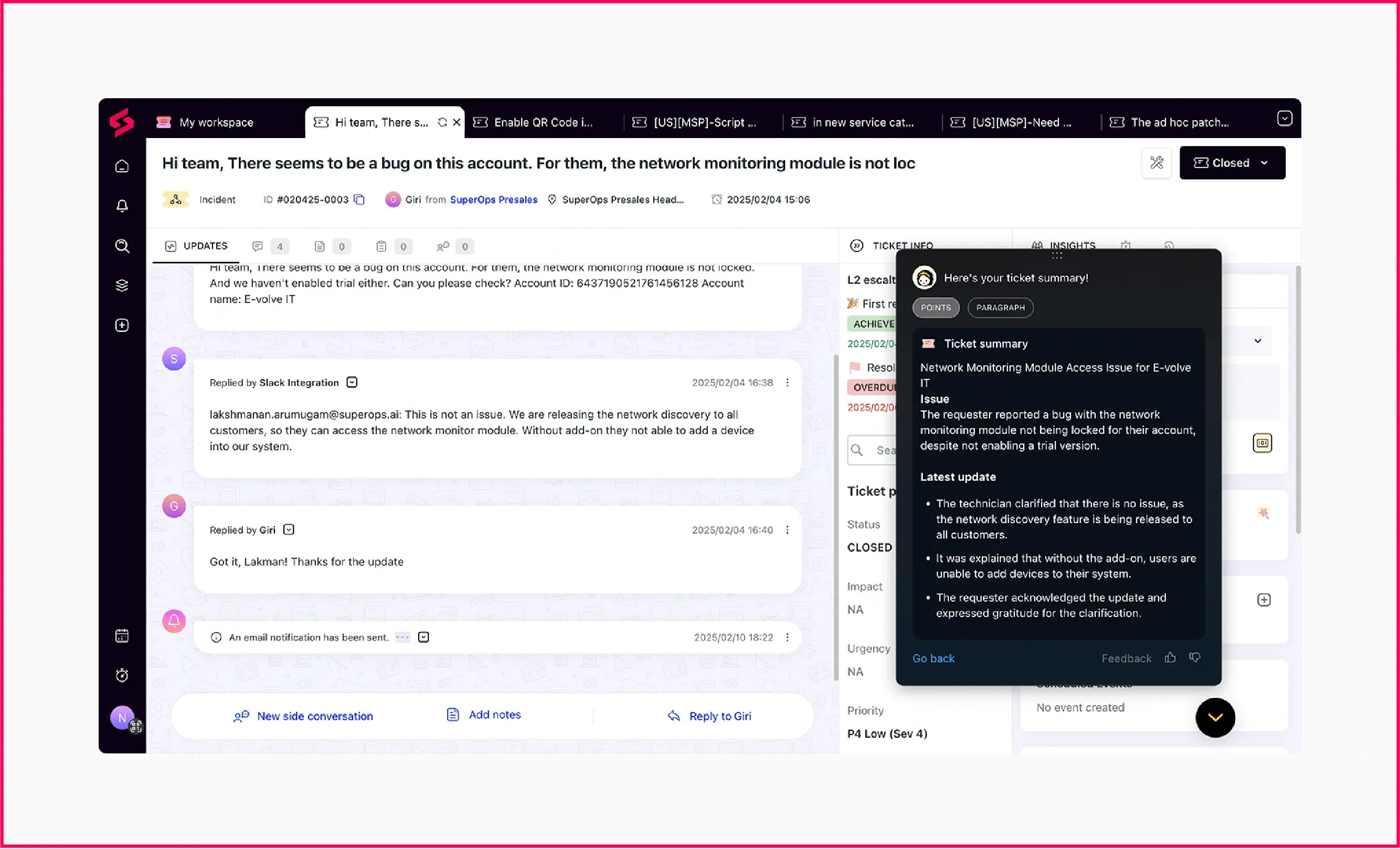 Monica AI used to summarize tickets