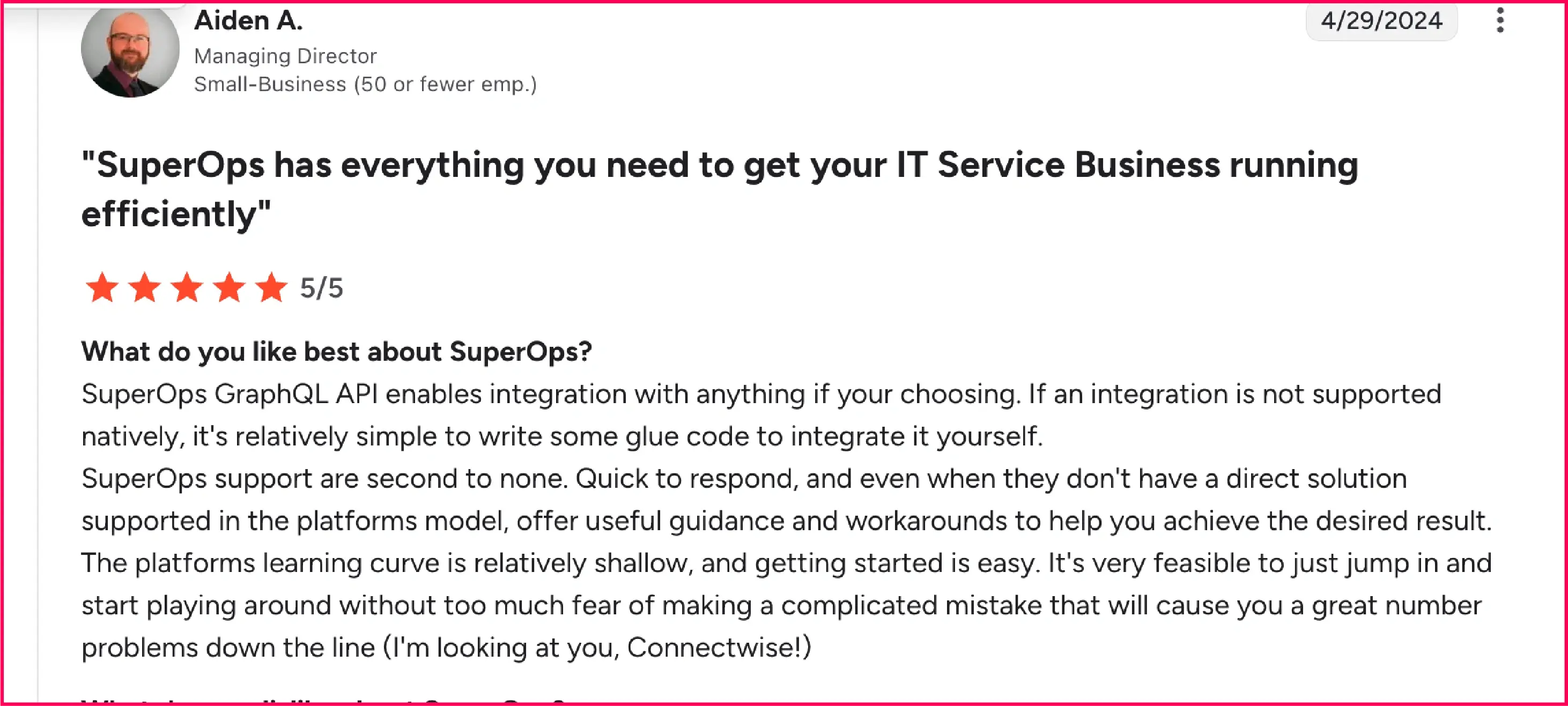 SuperOps review on the G2 platform