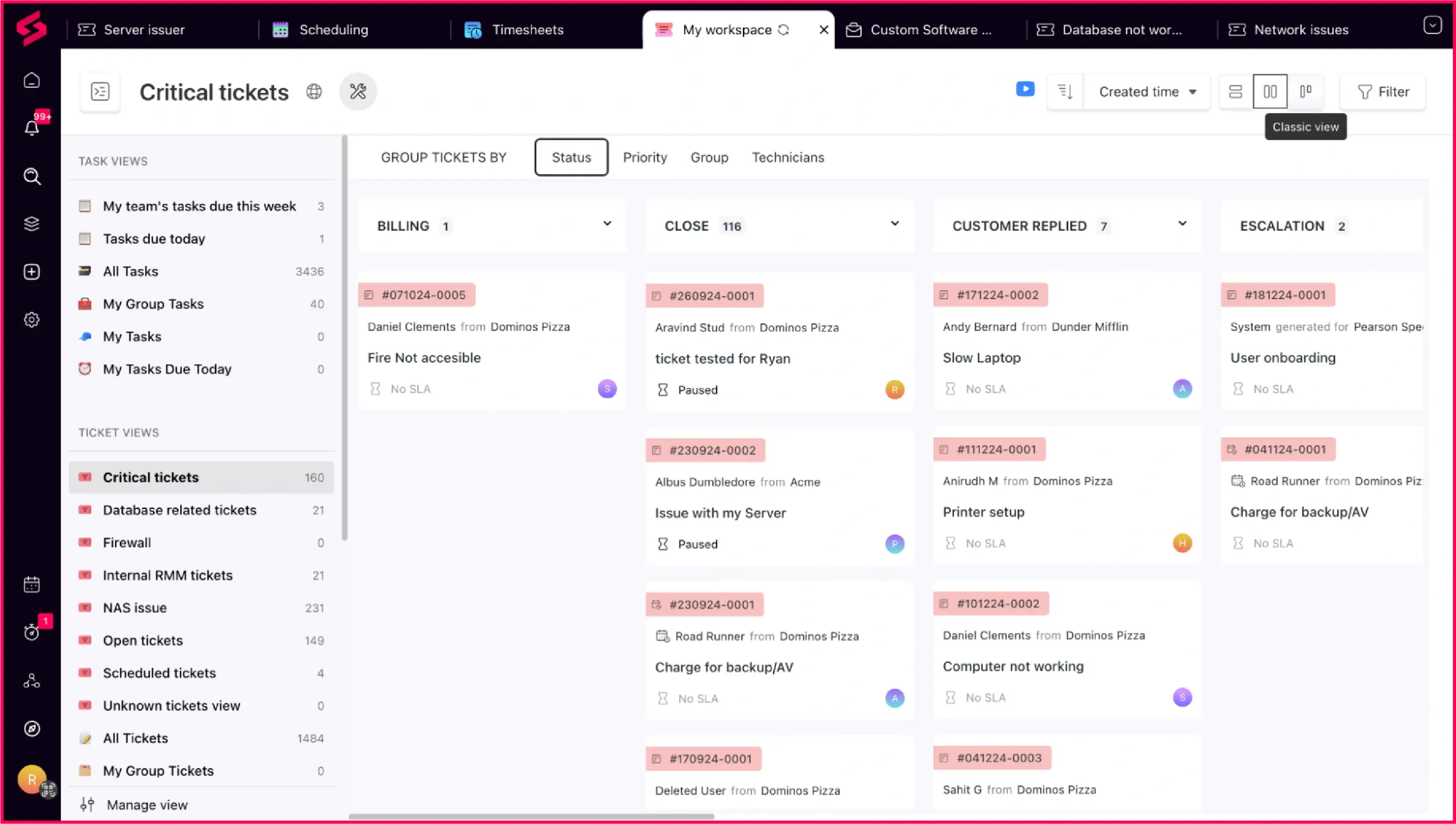 A view of the SuperOps ticketing flow with Kanban