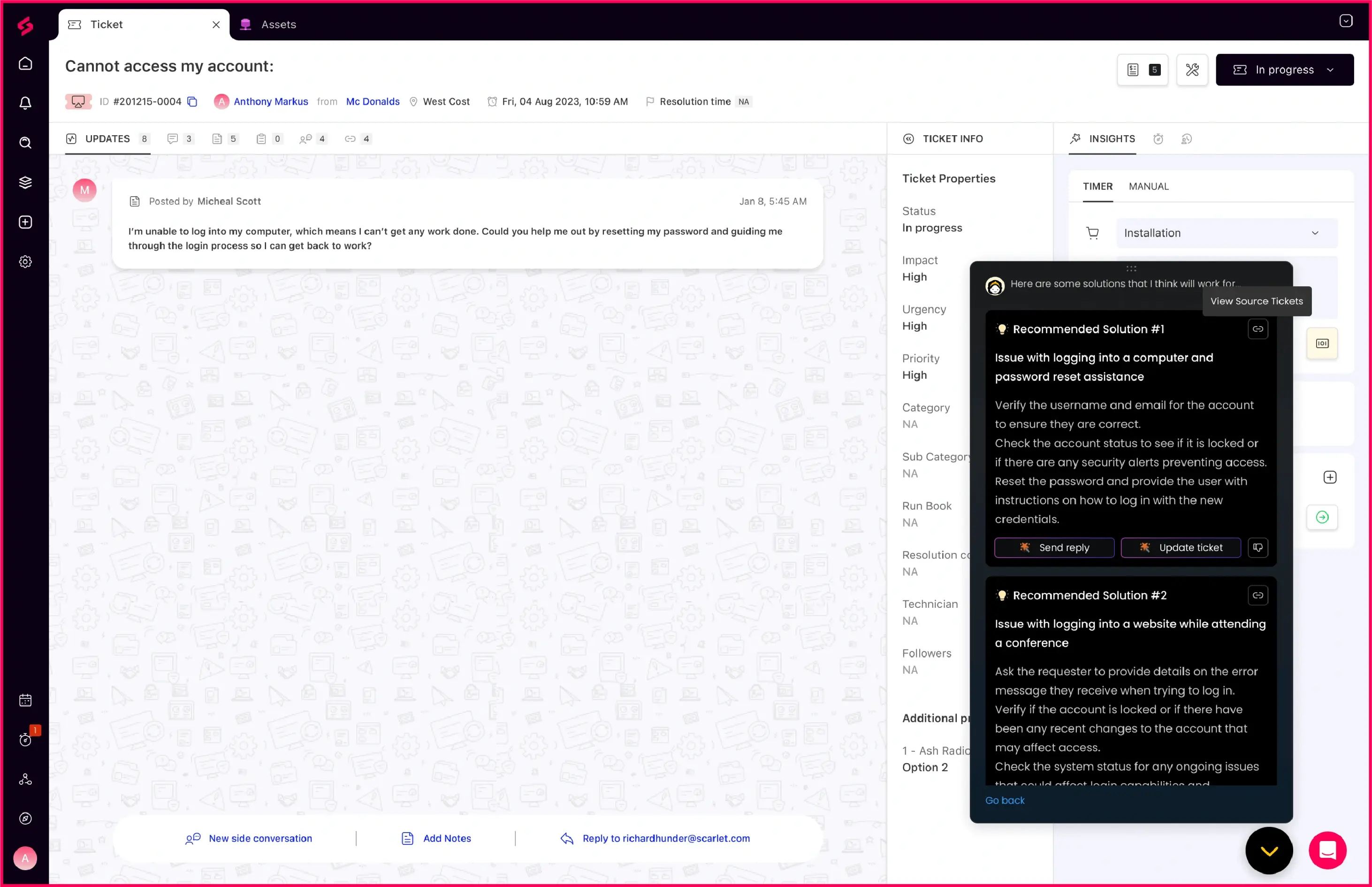 Monica AI for resolving issues faster with SuperOps IT ticketing tool