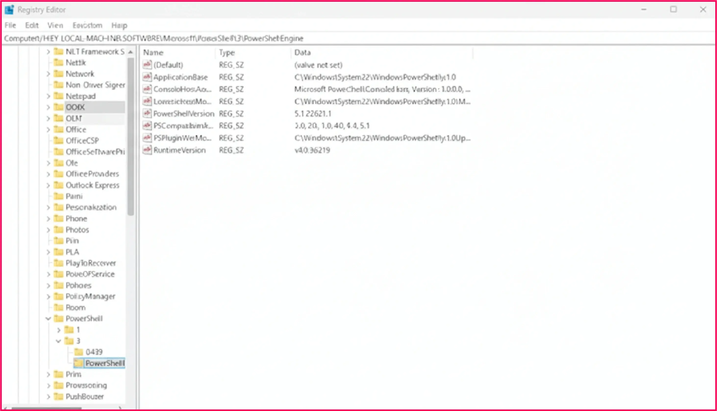 PowerShell under the Microsoft folder in the Registry Editor app