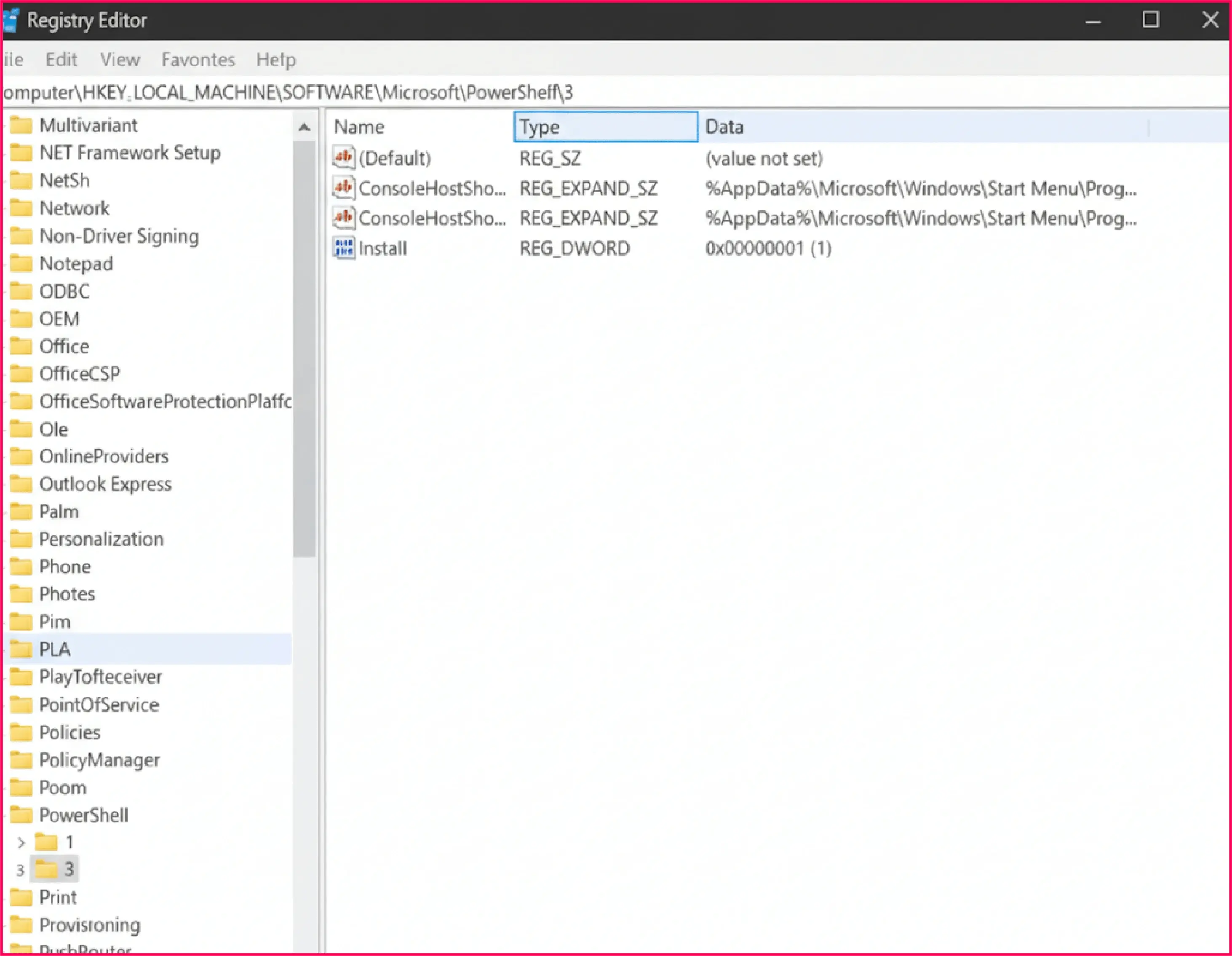 PowerShell under the Microsoft folder in the Registry Editor app