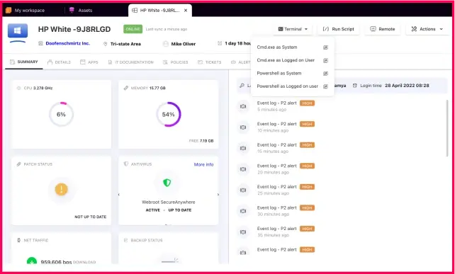 SuperOps dashboard view of the terminal feature