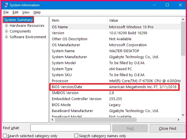  BIOS version through Windows System Information