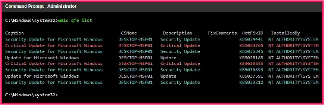 An example of CMD terminal showing installed Windows security updates and patches using the wmic qfe list command.