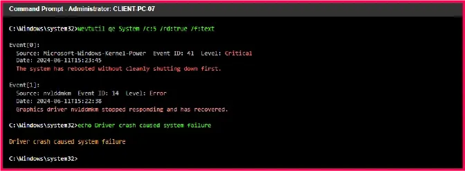 CMD terminal showing wevtutil command output revealing critical system events and driver crash analysis