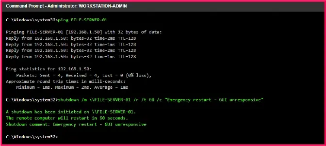 CMD terminal showing ping test and remote server restart using the shutdown command with network connectivity verification