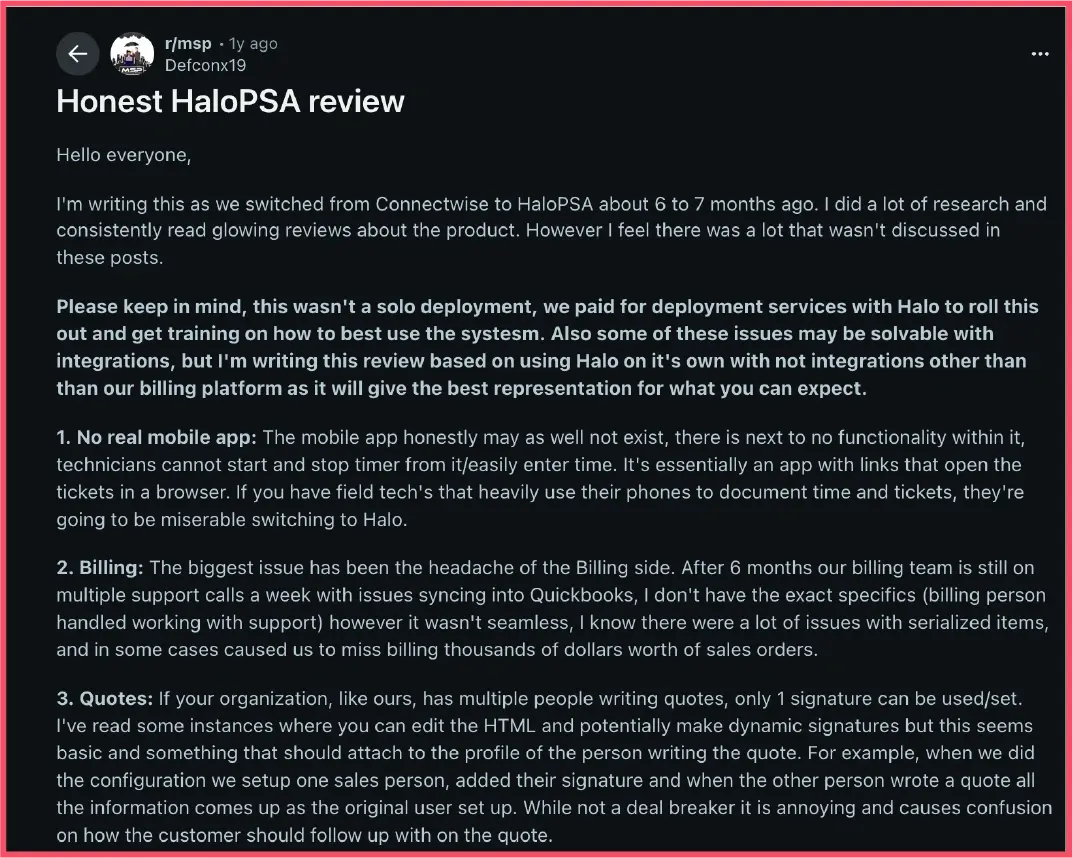 Reddit user review of HaloPSA