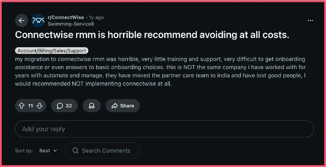 Reddit community discussion highlighting Connectwise’s poor onboarding and support