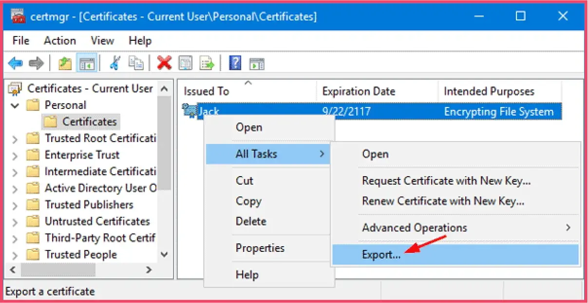 Export the certificate