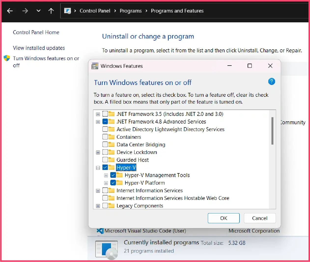 Enabling Hyper-V using Windows system