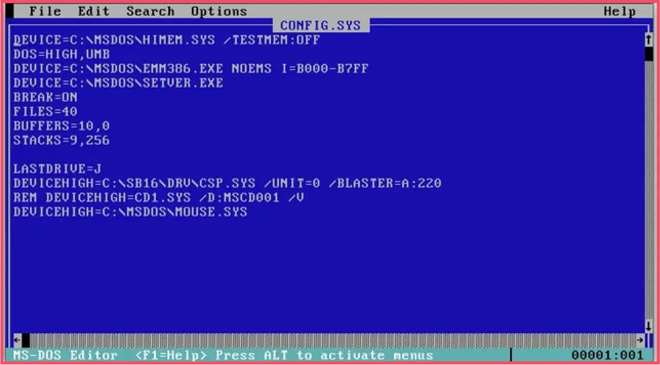Example of congif.sys file in CDOS terminal