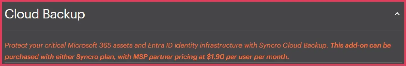 Cloud Backup Add-on of Syncro pricing plans