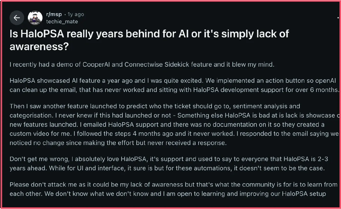 Reddit discussion on HaloPSAs AI