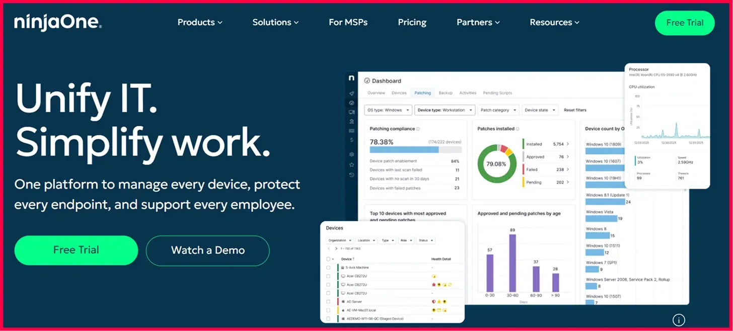 NinjaOne endpoint management and RMM dashboard
