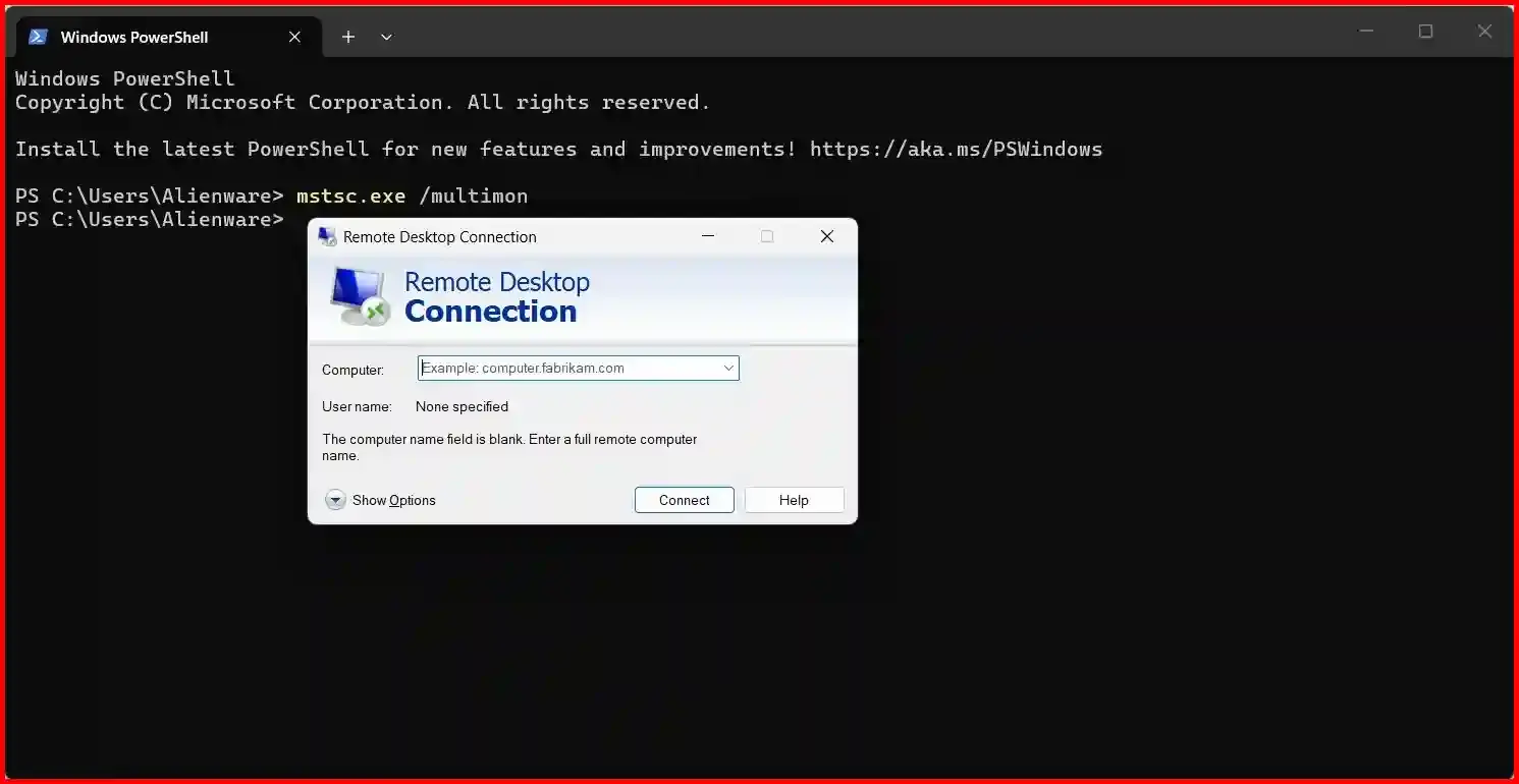 Command prompt with mstsc.exe multimon command for launching multi-monitor Remote Desktop Connection