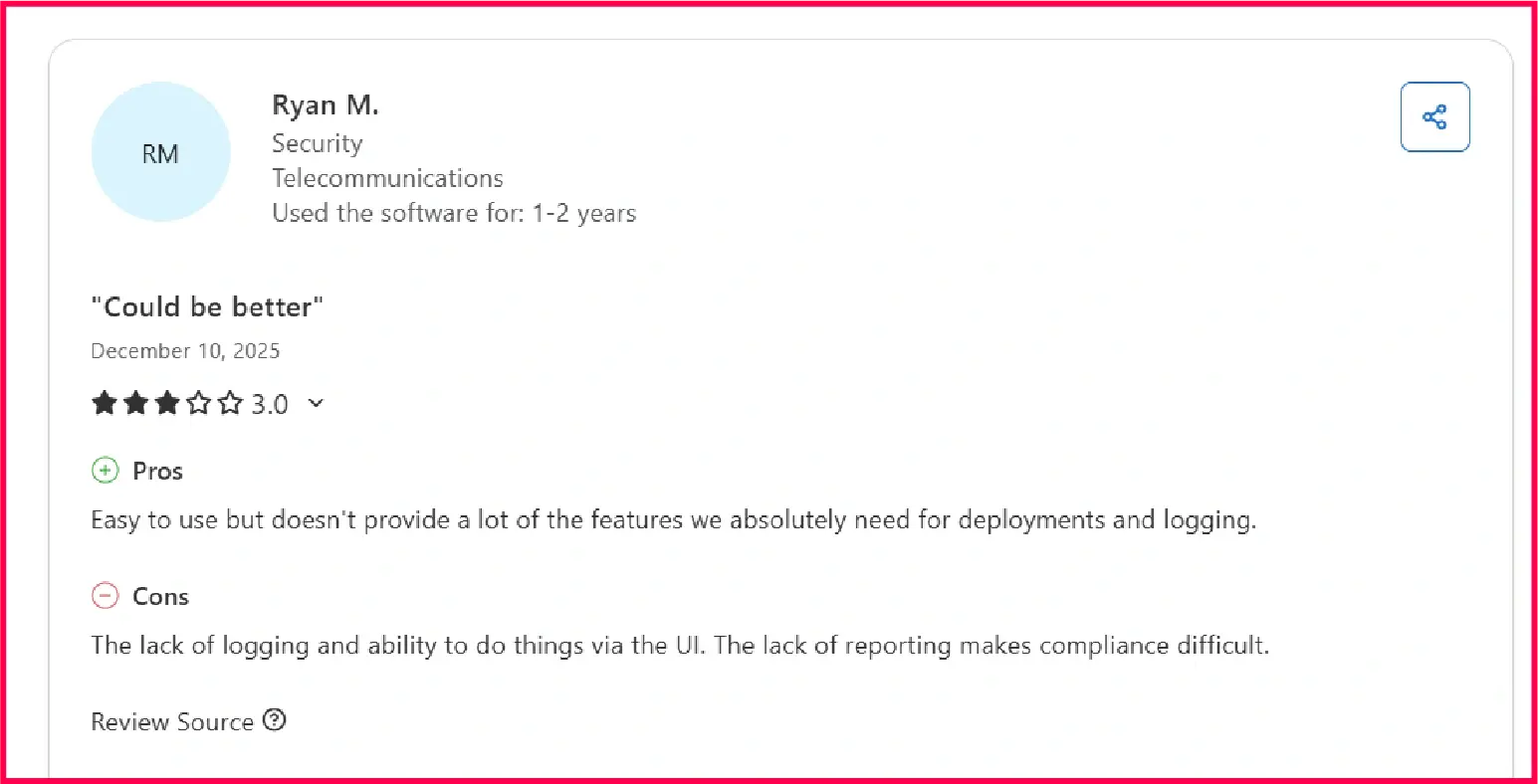User review showing JumpCloud's reporting and logging limitations on Capterra