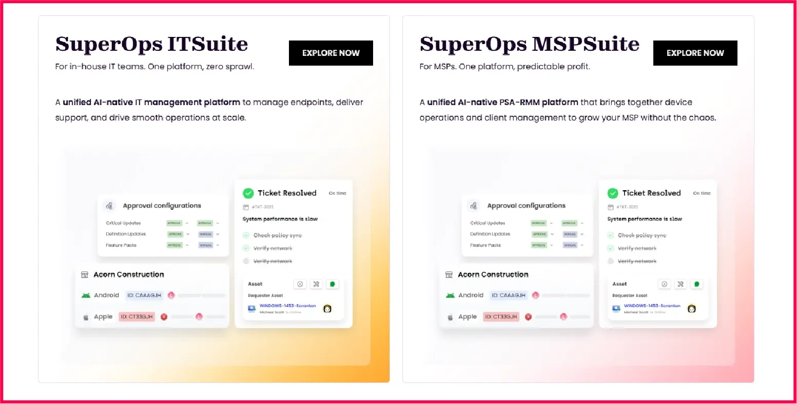 SuperOps ITSuite and MSPSuite unified platform for every type of IT management