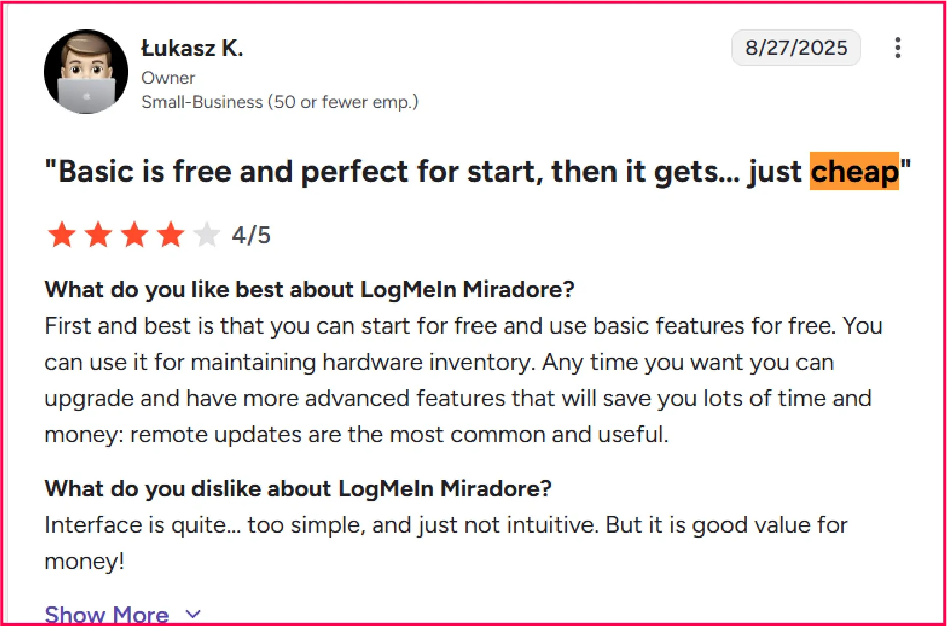 User review of IT management using Miradore