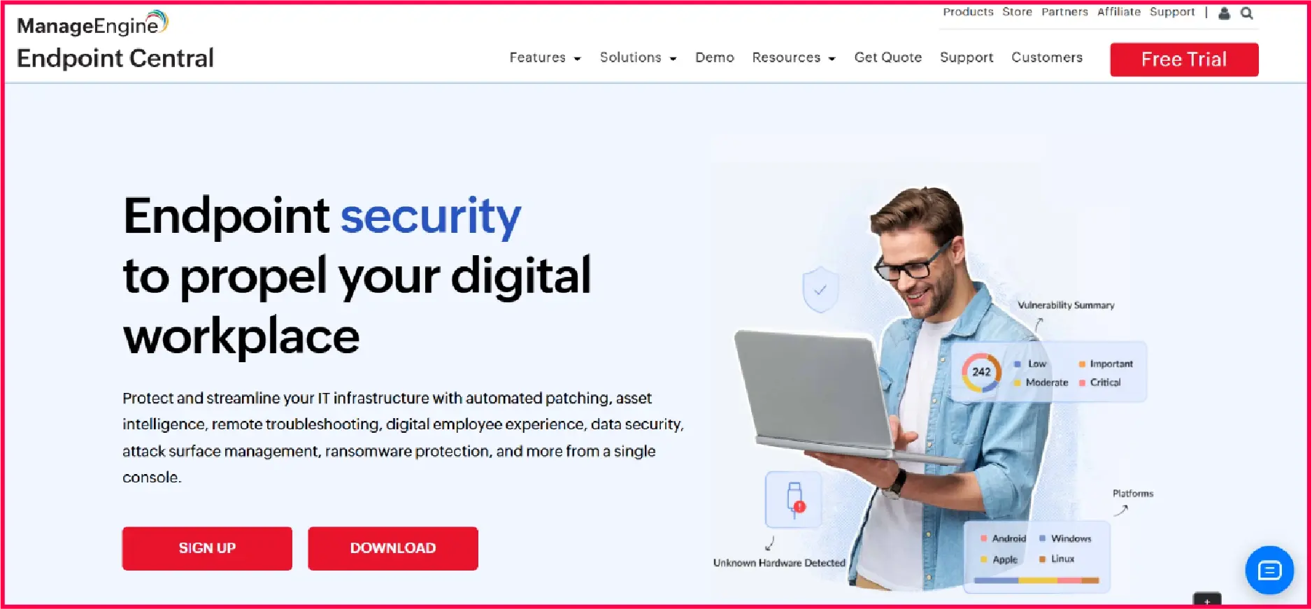 ManageEngine Endpoint Central offers patch management, remote access and compliance reporting.