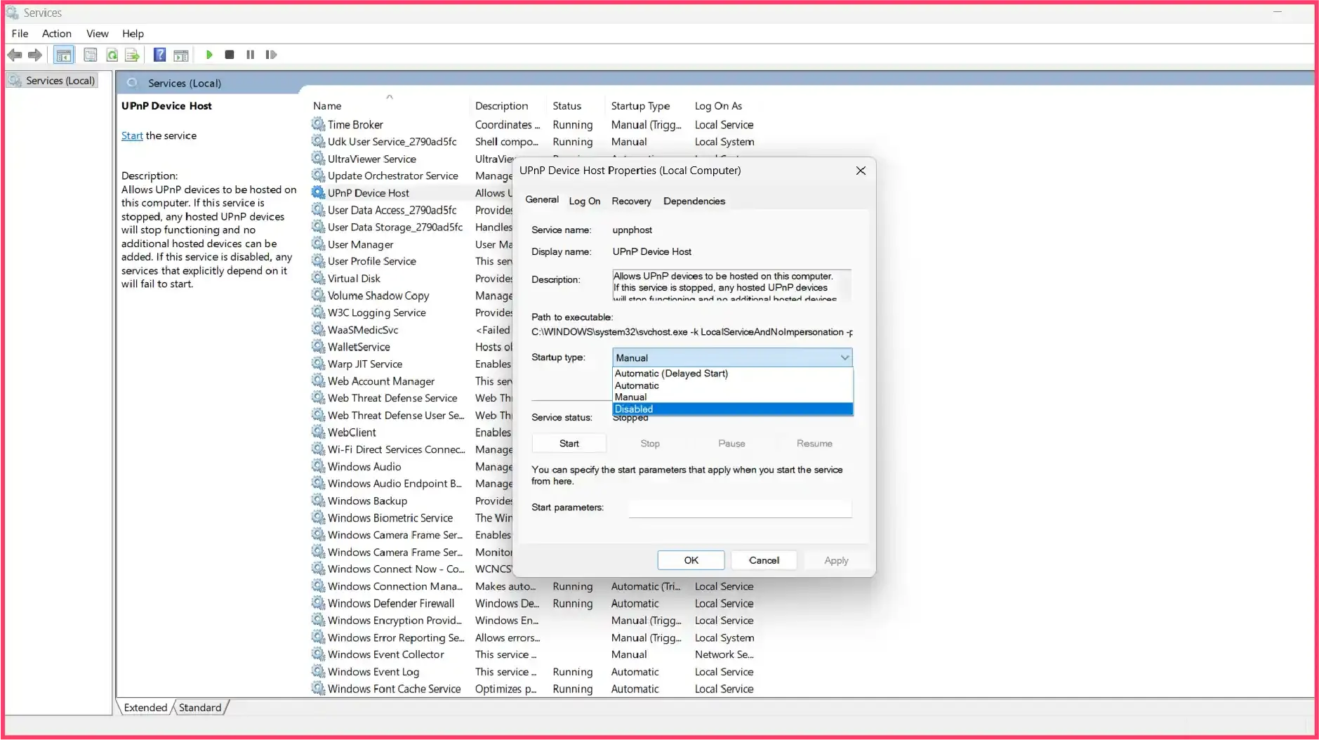 Disabling UPnP service on Windows