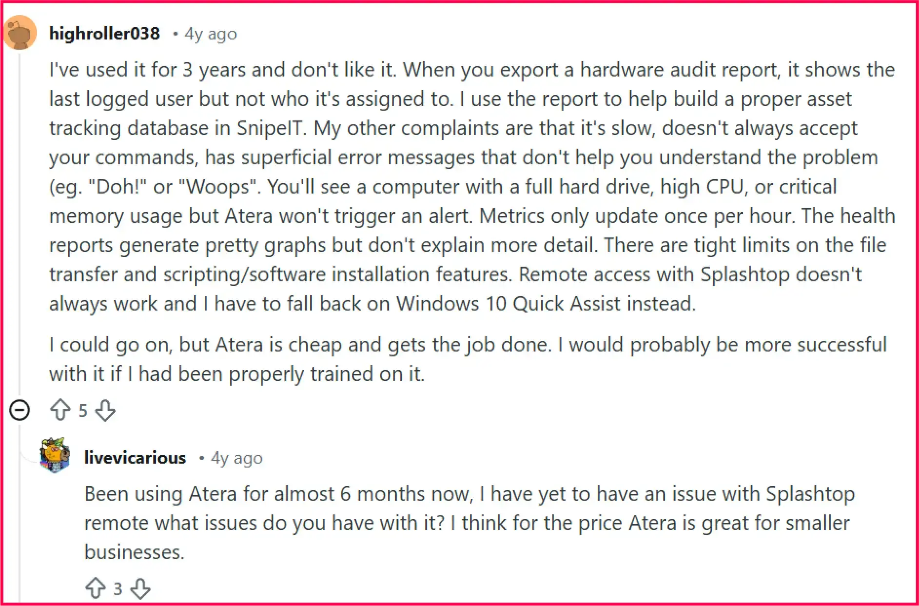 Reddit post Feedback for Atera