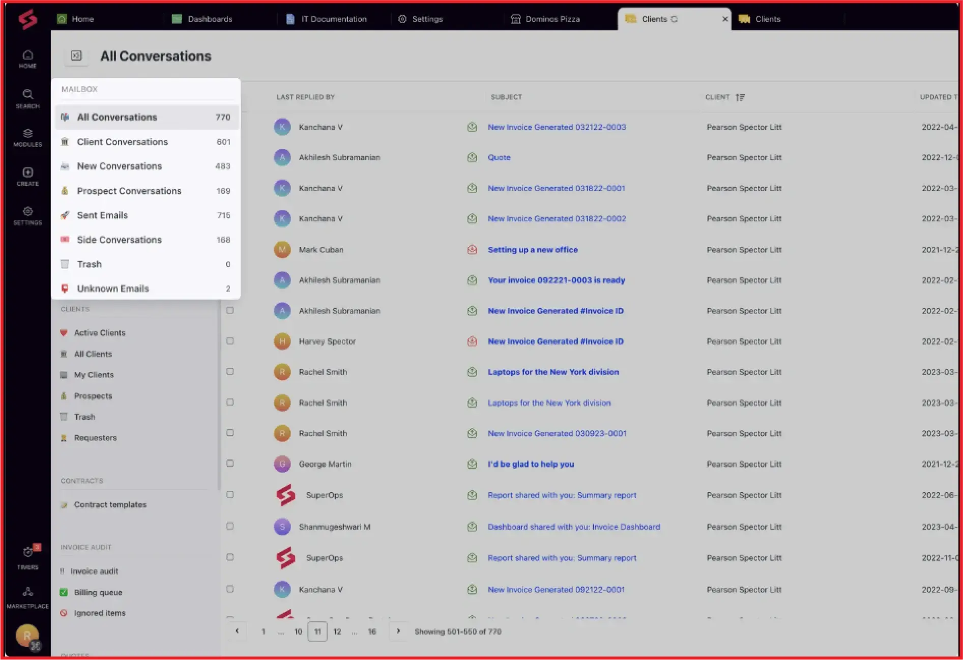 SuperOps managing client conversations and billing invoices